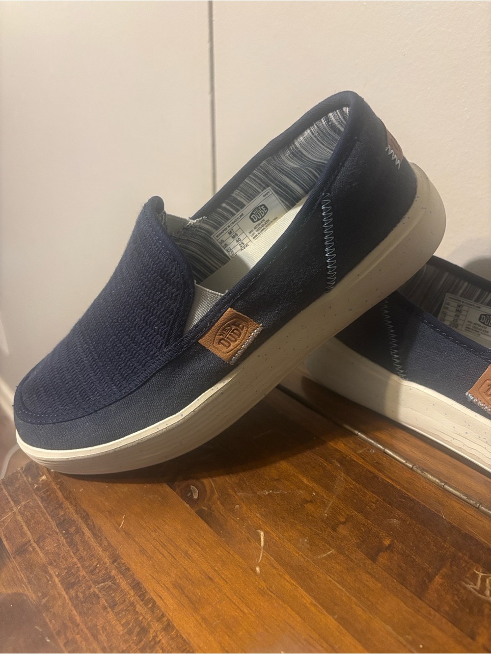 Hey Dude Navy Knit Slip-On Loafers with Tan Accent
